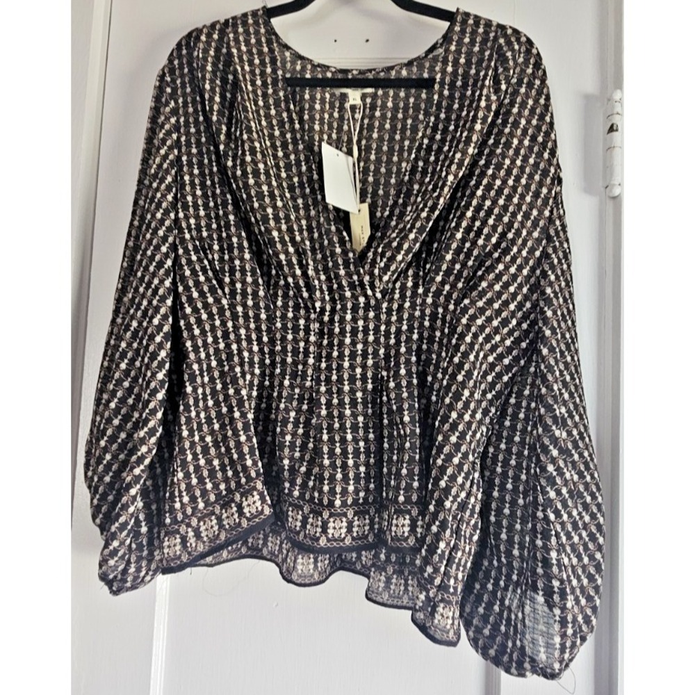 NWT MAX STUDIO LONDON pleated faux wrap V Smocked waist puff sleeves Womens XL